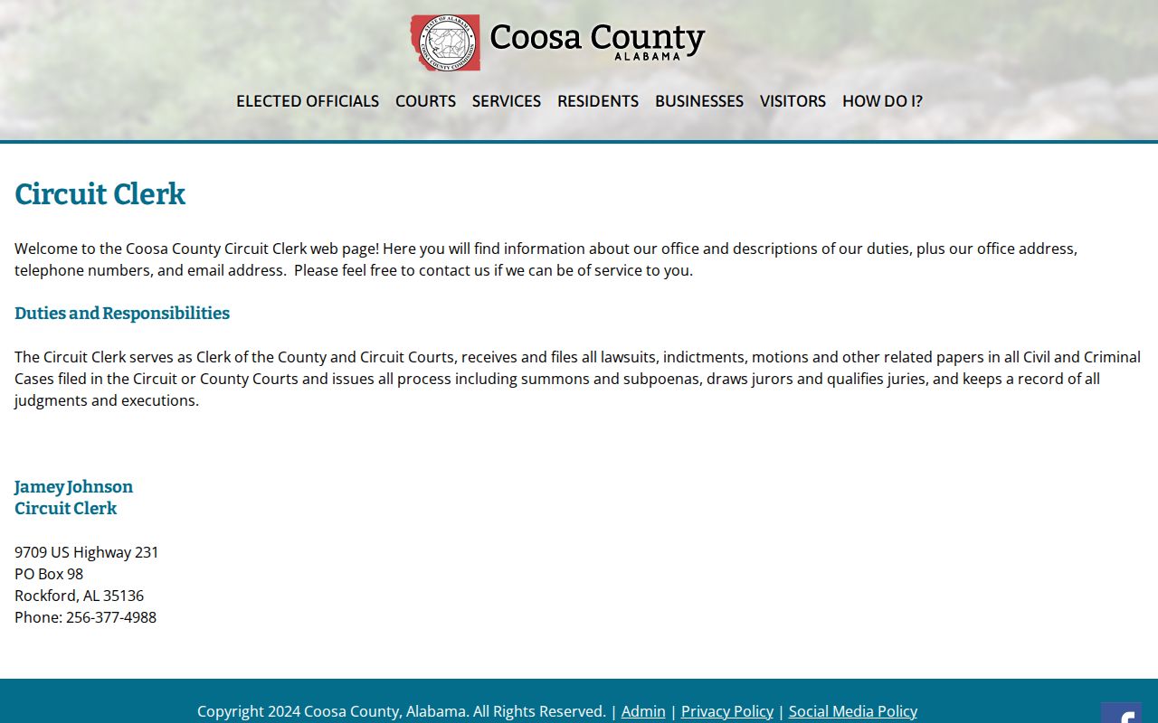 Coosa County Circuit Clerk court docket and records duties