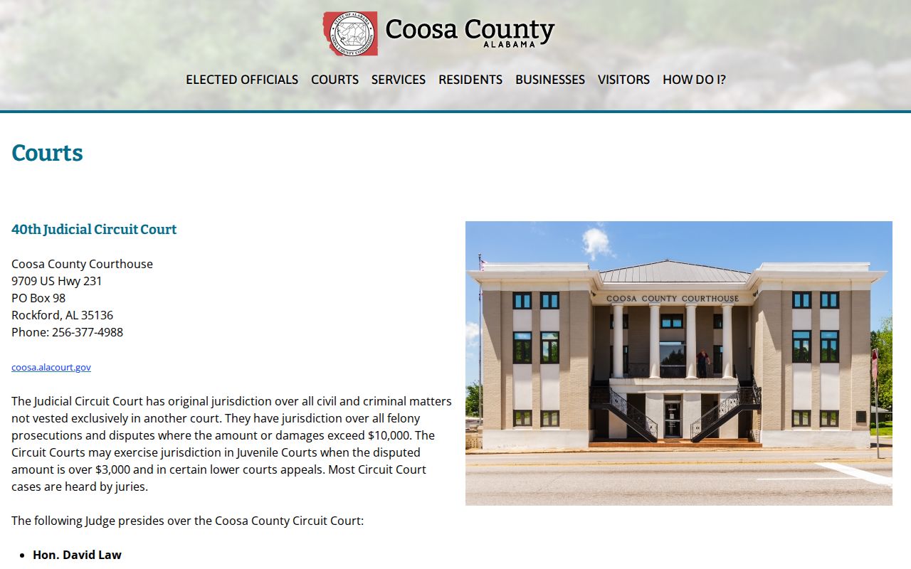 Official Coosa County courts and court docket jurisdiction page